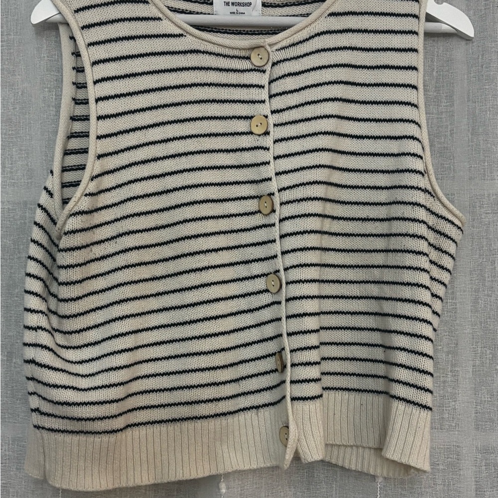 Workshop Republic Clothing Cream and Black Striped Knit Button Front Vest